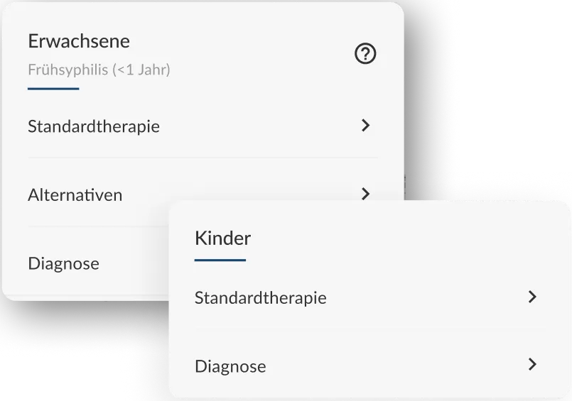 UI-Ausschnitt der DSTIG-App mit leitlinienbasierter Navigation für STIs, inklusive Auswahl nach Altersgruppe sowie Menüpunkten für Diagnose, Standardtherapie und Alternativen.