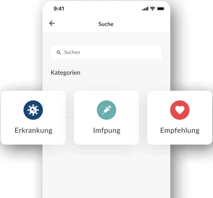 Reduziertes Such-Interface der DSTIG-App mit fokussierten Kategorienkarten für Erkrankungen, Impfungen und Empfehlungen zur schnellen Orientierung.