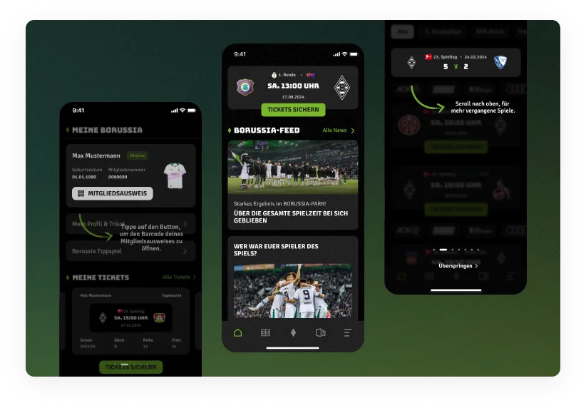 Drei Smartphone-Screens einer Sport-App im Dark Mode: links digitale Mitgliedskarte und Ticketübersicht, in der Mitte ein News-Feed mit Spielberichten, rechts eine Ticketansicht mit Hinweisen zur Navigation und Spielauswahl.
