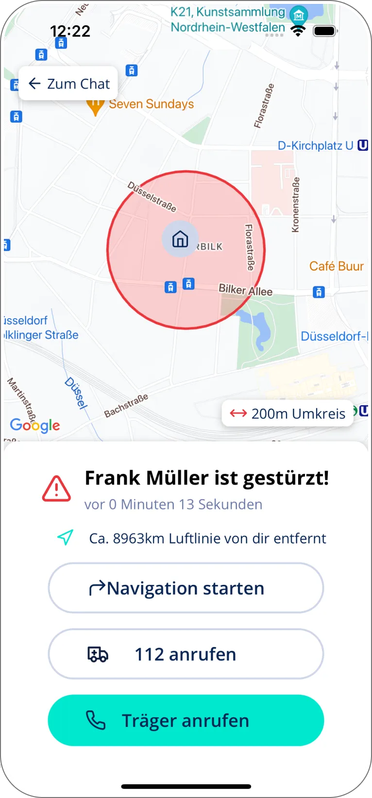 Ansicht eines eingehenden Notrufs mit Standortanzeige, Kartenübersicht und Optionen zur Kontaktaufnahme.